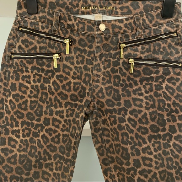 Michael Kors Brown Leopard Print Skinny Ankle Gold Zippered Pants - Picture 3 of 14